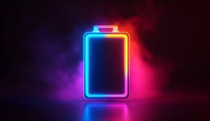 Poster - Neon battery icon, glowing, smoke, dark background, product display