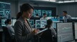 © Cahya - A young multiethnic woman working intently on a tablet in a high-tech control center.