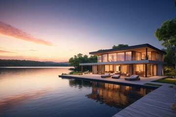 Wall Mural - arafed view of a house on a lake with a dock