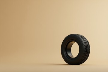 Wall Mural - Single Black Tire Standing Against a Light Brown Background