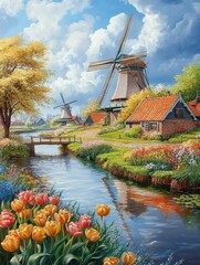 Poster - Charming countryside with windmills and vibrant tulip fields under a blue sky. Generative AI