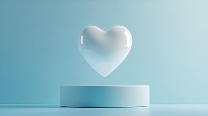 Poster - Floating white heart above a round pedestal on a light blue background, minimalist art design concept