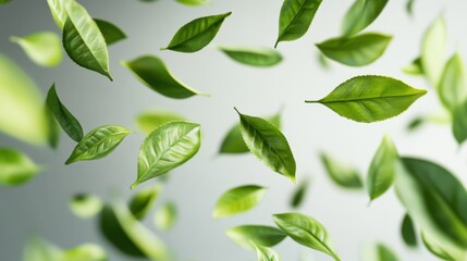 Wall Mural - fresh green leaves falling downward in soft natural light