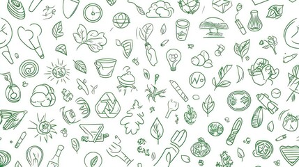 A seamless pattern of line art icons representing environmentally friendly practices, such as eco-friendly symbols and green elements, on a white background.