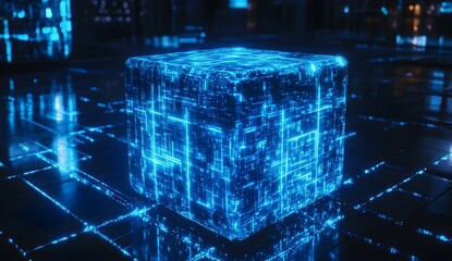 Aufkleber - Futuristic glowing cube in city tech background
