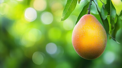 Canvas Print - Bright mango hanging from a lush green tree in a sunny garden during summer