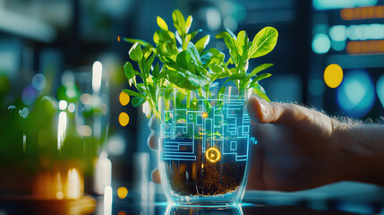 Aufkleber - hand holds futuristic biodegradable plant container with smart holographic technology, showcasing innovation in sustainable agriculture