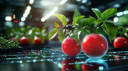 Aufkleber - futuristic fruit orchard with AI drones monitoring vibrant red fruit trees, showcasing advanced technology in agriculture. scene is illuminated with modern, high tech ambiance