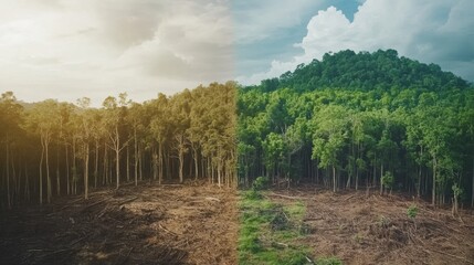 Poster - Contrast between deforested land and thriving forest highlights importance of nature conservation efforts. Generative AI