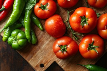 Wall Mural - Fresh tomatoes, peppers and chilies resting on a wooden cutting board