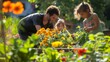 © Aleksandr S - Families interact joyfully while children help cultivate colorful vegetables and flowers, showcasing the essence of sustainable living and community connection in urban gardening
