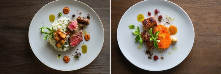 Poster - Gourmet beef dishes beautifully plated with colorful garnishes served on elegant white plates. Generative AI