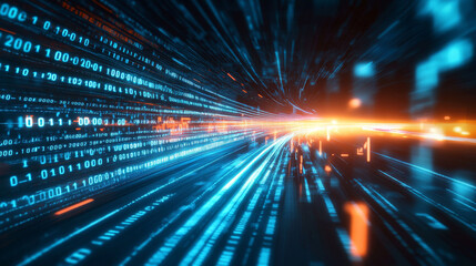Futuristic background with glowing binary code and light trails