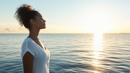 Wall Mural - Hypertension patient taking a deep breath by the ocean. Featuring mindfulness and stress relief