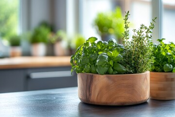 Sticker - Fresh herbs growing in wooden pot on kitchen counter