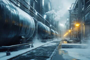 Fototapete - Cryogenic storage tank facility with liquid gas and frost covered pipes under cold misty conditions. Generative AI