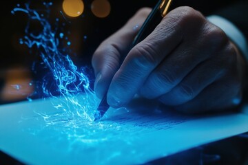 Aufkleber - Signing a document with a glowing pen in a dimly lit office setting at night. Generative AI
