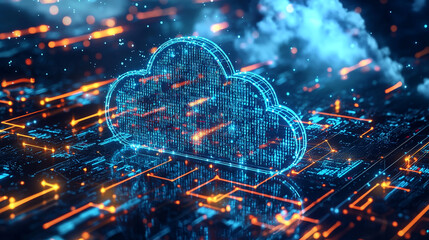Abstract digital cloud computing network technology data server web code cyber future global modern