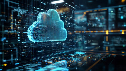 Abstract digital cloud computing network data technology illustration web blue code cyber server