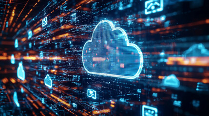 Abstract digital cloud computing network data technology concept web blue code cyber lines server