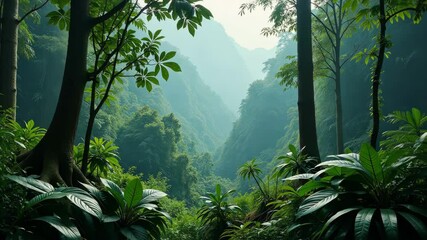 Fototapete - A forest with a mountain in the background. The trees are green and the sky is cloudy. There are many trees in the forest