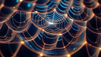 A spider web with blue and orange lines. The web is very intricate and has many lines. The web is very detailed and has many different colors