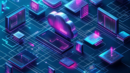 Abstract cloud computing network digital technology data servers web code cyber future global online