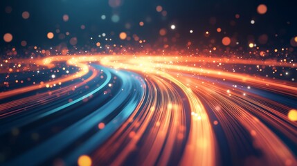 Poster - Abstract background with flowing orange and blue light trails, glowing particles. Futuristic technology and digital innovation concept