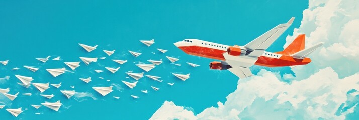 Aufkleber - Leading a flight of smaller paper planes against a bright blue sky with clouds. Generative AI