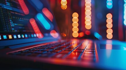 A laptop showing code on screen with vibrant neon lights in the background, representing technology and programming..