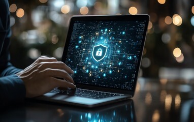 Leinwandbilder - Businessman using laptop to select security icon on virtual screen, ensuring data protection, cyber security, privacy, and networking technology for business internet