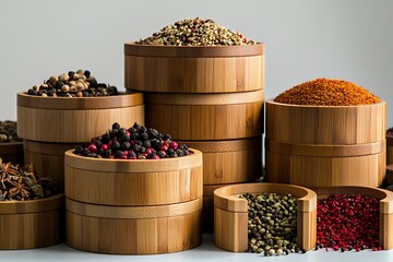 Wall Mural - Assorted Spices in Wooden Containers