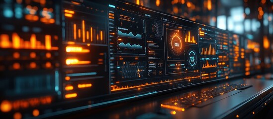 Futuristic digital dashboard displays graphs, charts, and data analytics on a large screen.