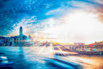 Aufkleber - Hong Kong cityscape with upward arrows represents business growth concept.  A vibrant urban scene symbolizing growing up and development in a dynamic Asian metropolis.