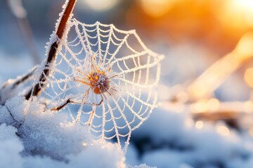Wall Mural - A close-up of a spider web covered in frost, with intricate patterns sparkling in the cold morning light