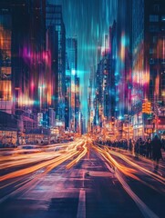 Poster - Vibrant urban road with visualized sound waves and dynamic lights creates an immersive atmosphere at night. Generative AI