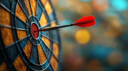 Leinwandbilder - Red dart hitting the bullseye on a colorful dartboard, sharp focus and blurred background. Precision and success concept