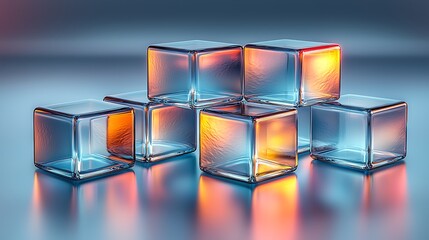 Wall Mural - glass cubes stacked, illuminated, reflective surface, abstract background, tech concept