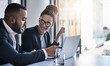 © peopleimages.com - Lawyer, corporate and business people in meeting on laptop to review contract, case report and legal advice. Law firm, attorney and woman with man on computer for consulting, discussion and proposal