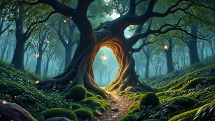 Fototapete - A tree with a hole in it. The hole is lit up with fireflies. The tree is surrounded by grass and rocks