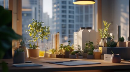 Wall Mural - Cozy indoor workspace with various plants, sunlight streaming through windows, urban backdrop