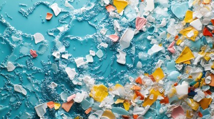 Aufkleber - Plastic fragments mixed with ocean waves illustrate environmental pollution and marine life threat at the shore. Generative AI