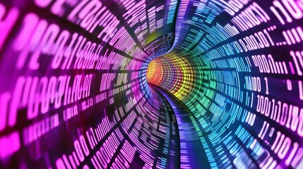 vivid digital tunnel with flowing binary code