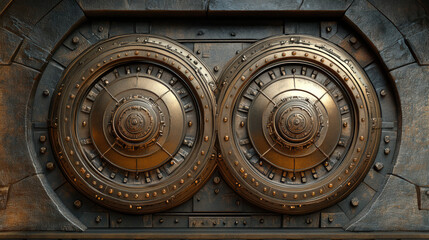 Two large round metal armor-piercing doors of an ancient storage facility. A bunker in case of war. The scene is full of intrigue and surprise. Bank doors. Safety