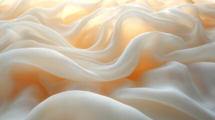 Poster - Soft cream-colored chiffon fabric with flowing waves and warm lighting. Elegant textile background, fashion and design concept