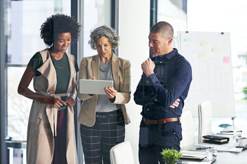 Poster - Discussion, planning and business people on tablet in office for website ideas, research and online report. Company, meeting and women and man on digital tech for project management, strategy or SEO