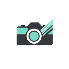 Poster - camera illustration: a charming flat vector style camera icon with teal accents and minimalist desig