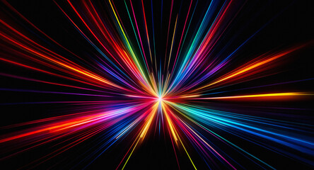 Wall Mural - vibrant light rays emanate from a central point on a black backdrop, creating a dynamic and colorful