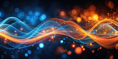 Wall Mural - vibrant abstract orange and blue light waves with bokeh effect on dark background