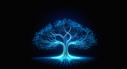Wall Mural - a luminous blue tree with vibrant branches radiates light against a stark black backdrop, creating a